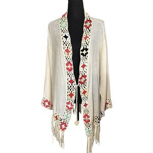 Kindred Anthropologie Cardigan Crochet Knit Long Sleeve Peasant Fringe Boho